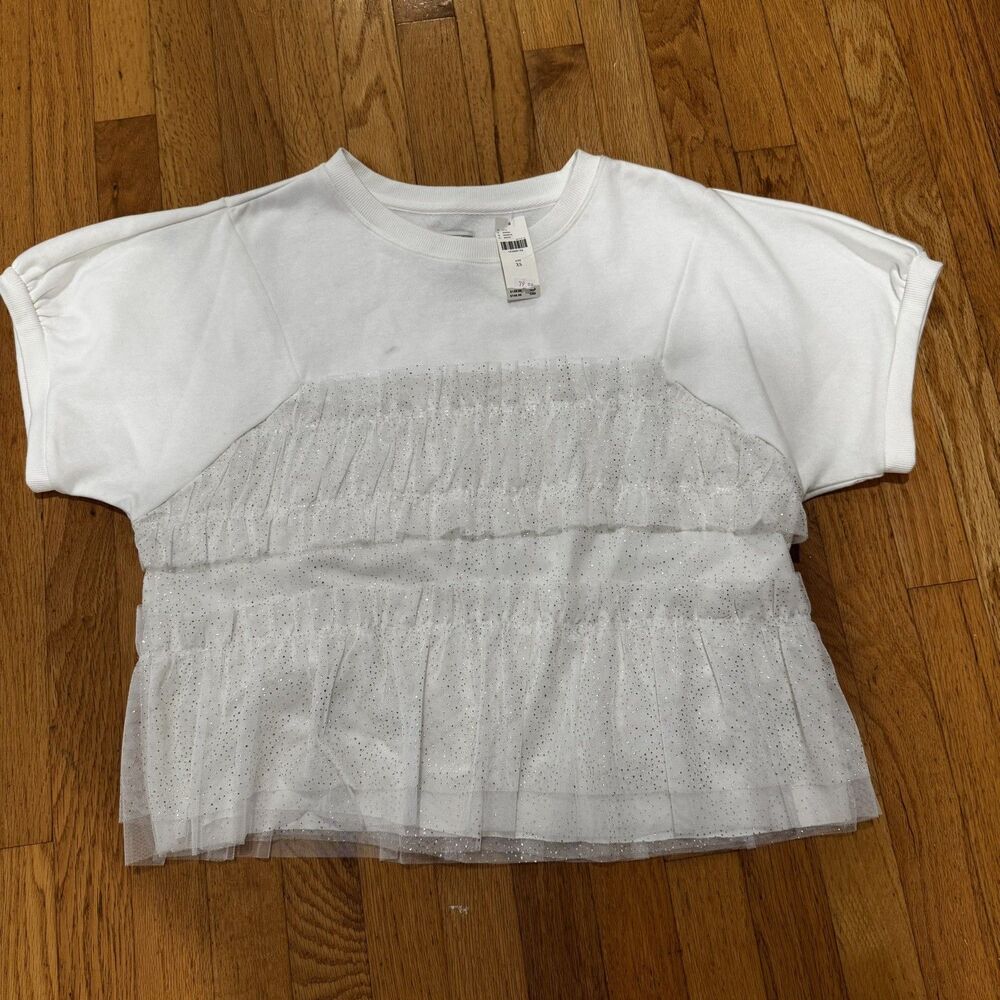 NWT ANTHROPOLOGIE MAEVE short-Sleeve Smocked Ruffled Sweatshirt white tulle XS